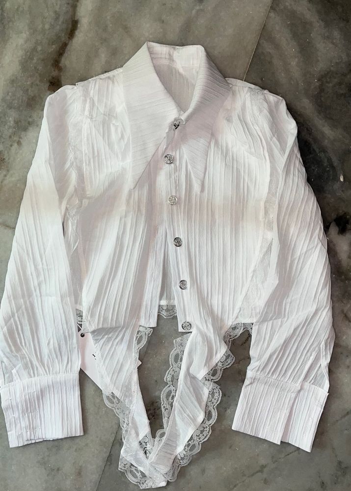 White Sheer Lace Trim Cropped Blouse