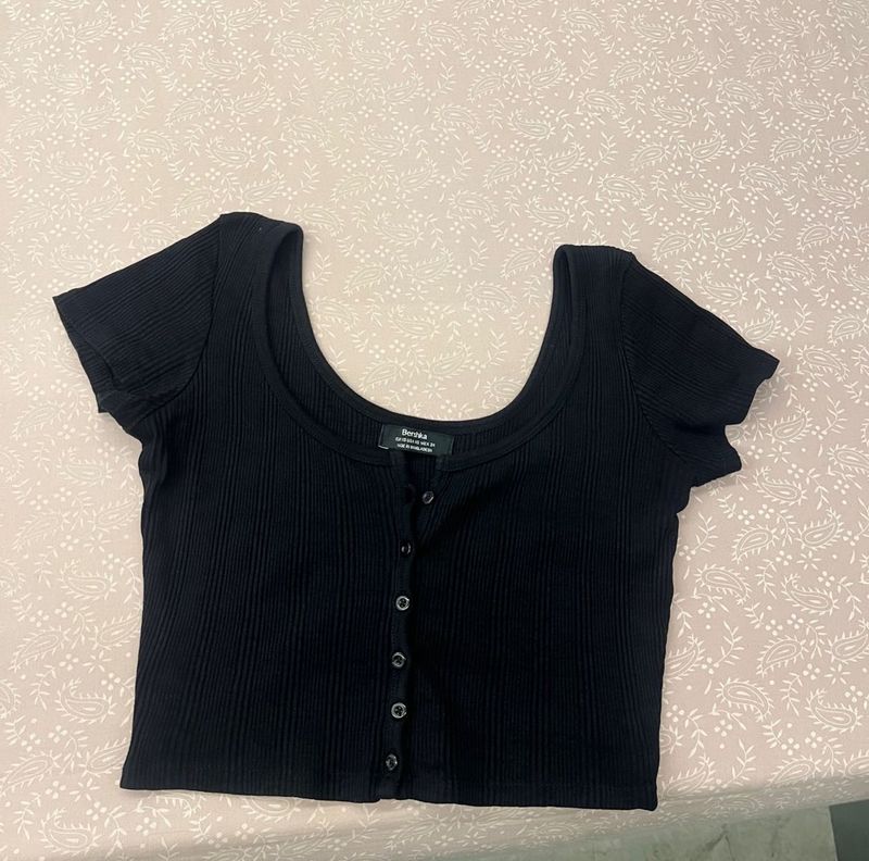 Bershka Ribbed Cropped Button-Up Top