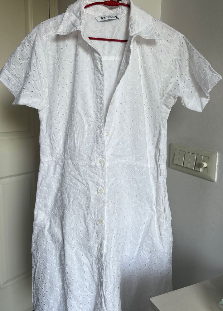 Chic White Broderie Anglaise Shirt Dress