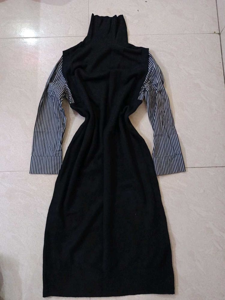 Black Turtleneck Dress with Striped Sleeves