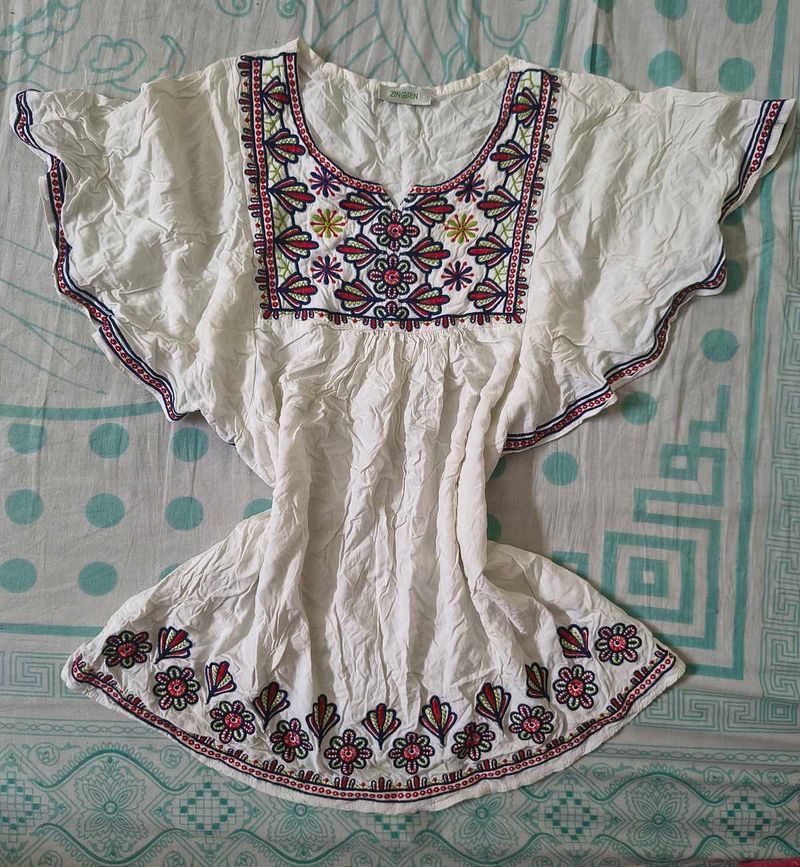 Embroidered White Boho Tunic Top