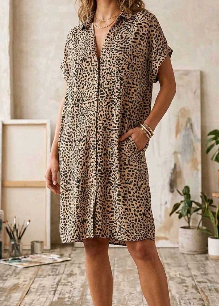 Branded Leopard Print Loose Fit Shirt Dress