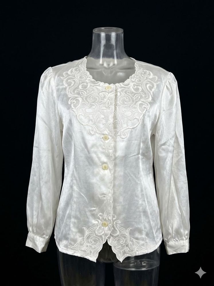 White Embroidered Satin Blouse