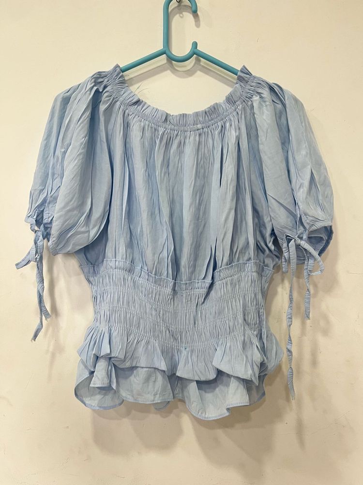 Light Blue Smocked Puff Sleeve Top