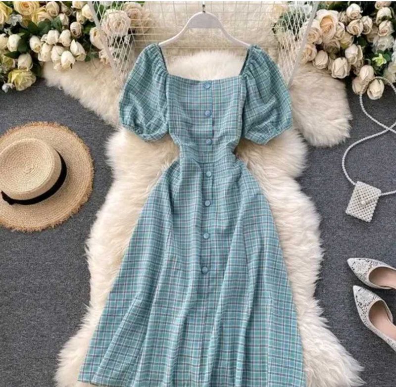 Blue Plaid Puff Sleeve Midi Dress