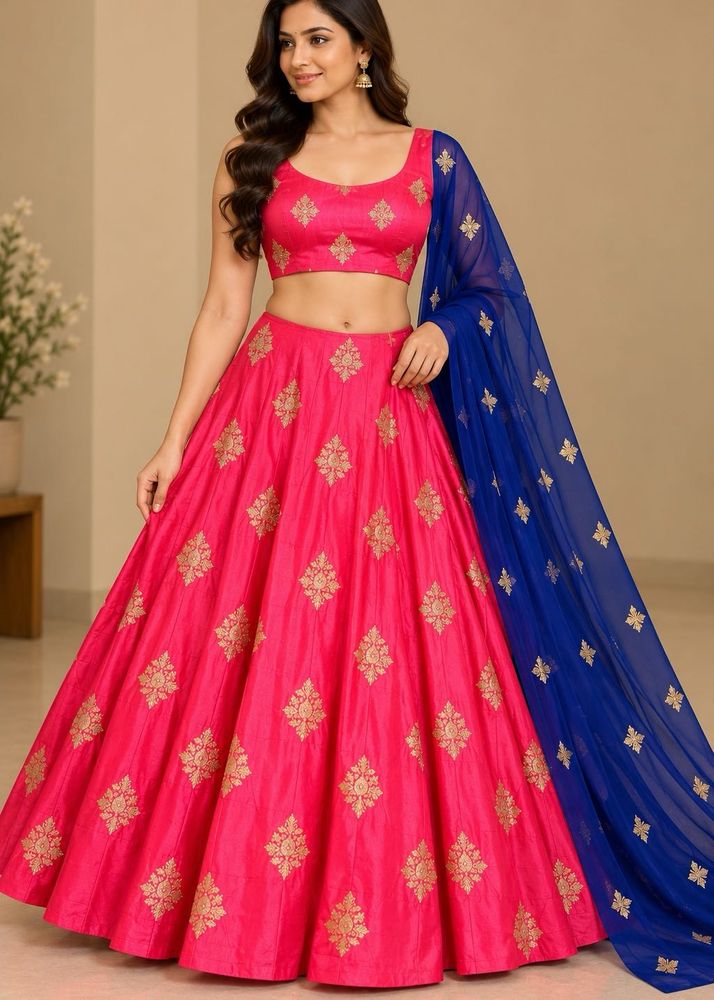 Pink Embroidered Lehenga Choli with Blue Dupatta