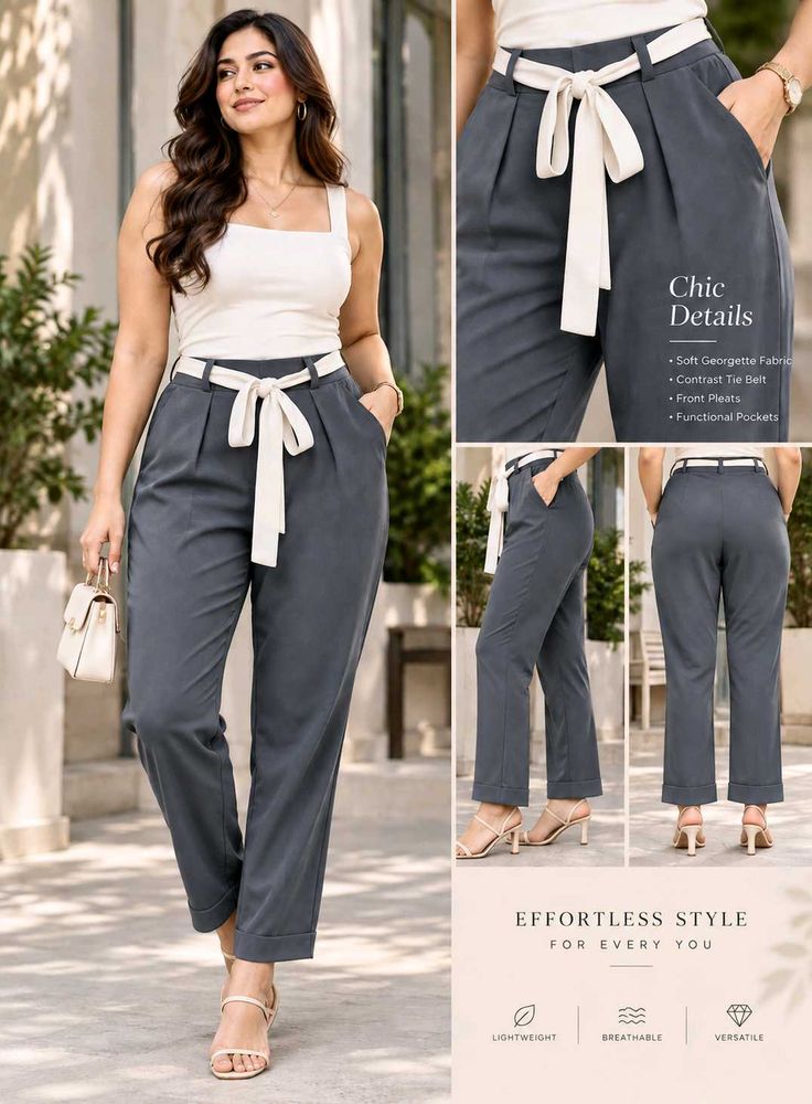 XS, M, L, XL , 2XL size Grey Pleated Belted Pants
