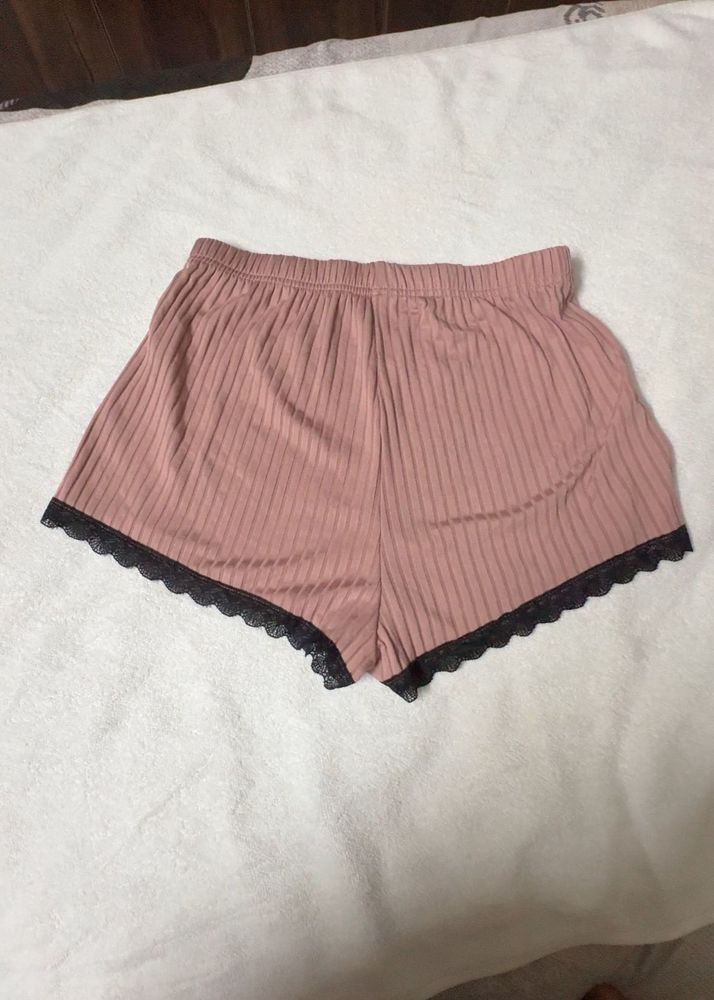 SHEIN Cozy Pink Ribbed Shorts with Lace Tri