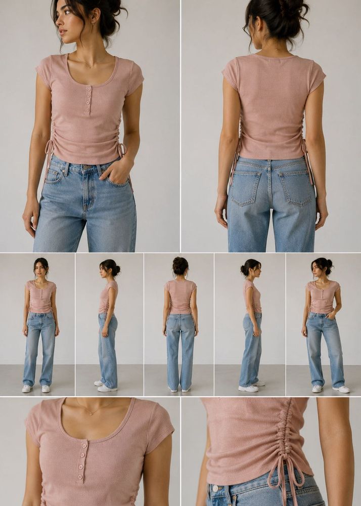 Pink Ruched Drawstring Ribbed Top