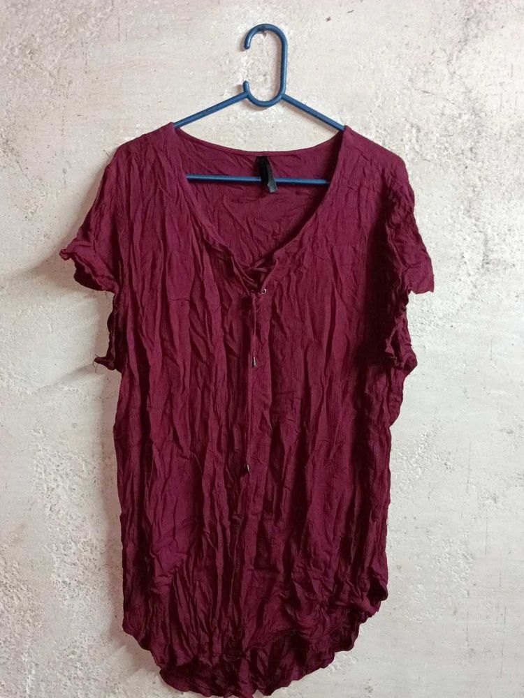 Maroon V-Neck Button-Up Top