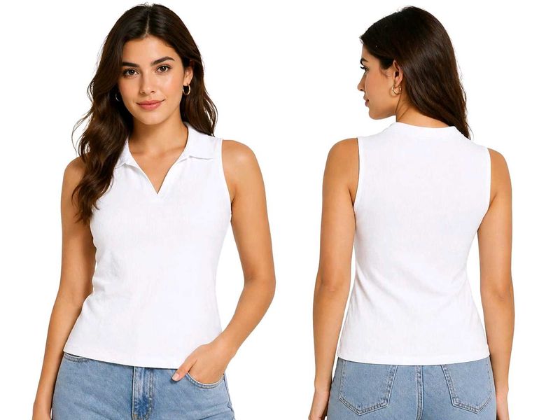 Sleeveless White Polo Top