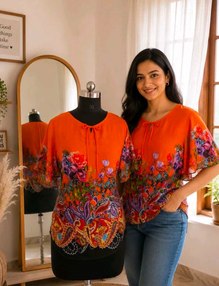 Vibrant Floral Print Orange Top