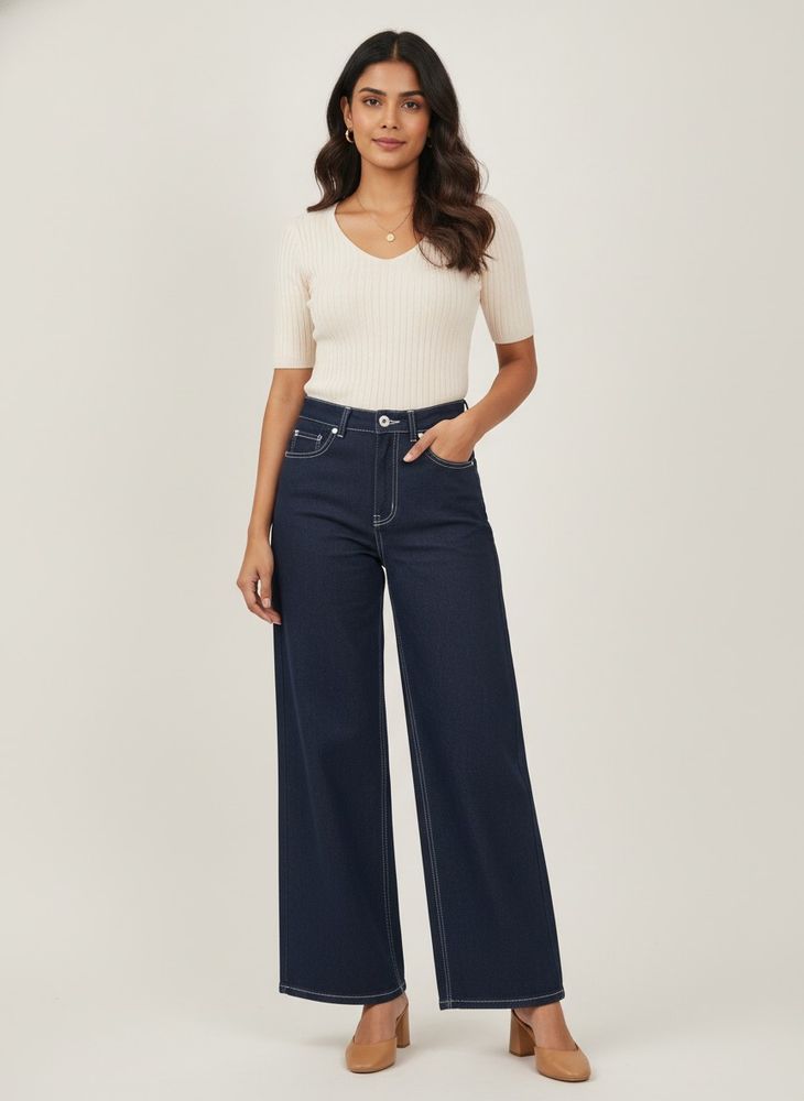 H&amp;M Dark Blue Wide Twill Leg Trousers