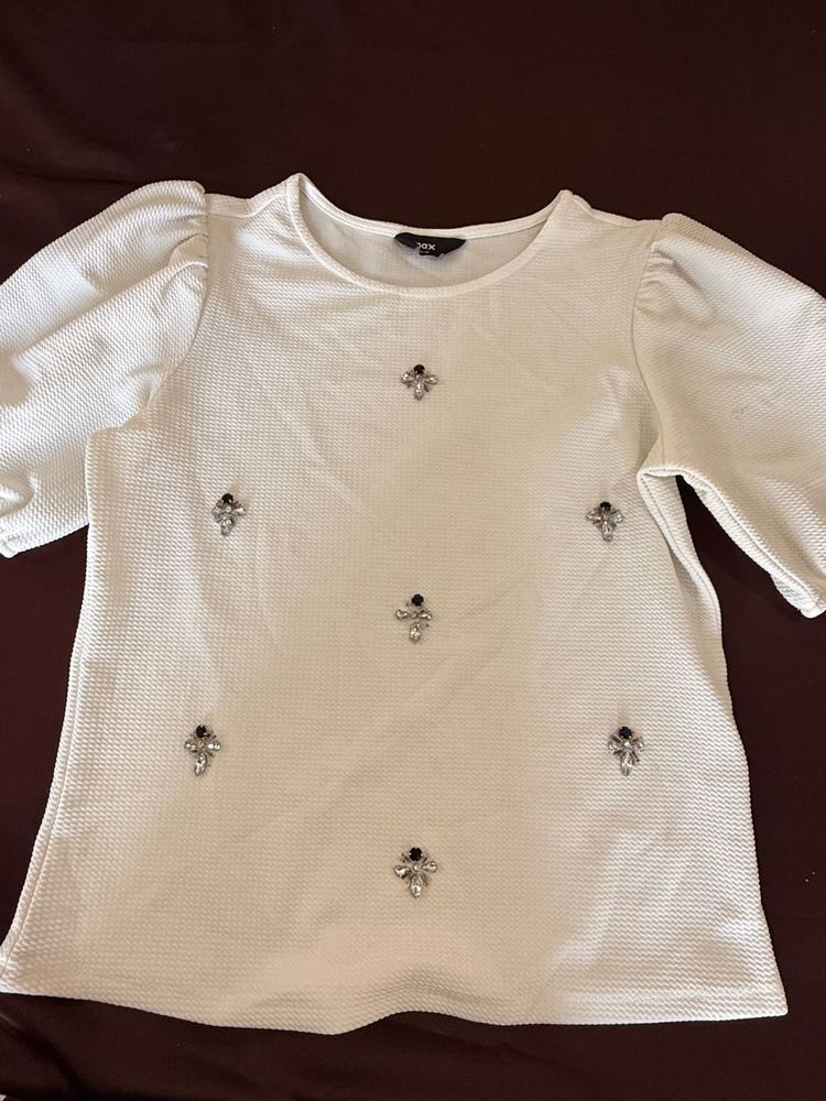 White Embellished Puff Sleeve Top