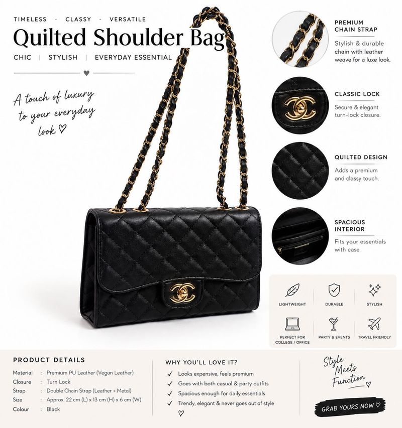 Black Quilted Chain Shoulder Bag | Stylish Crossbo