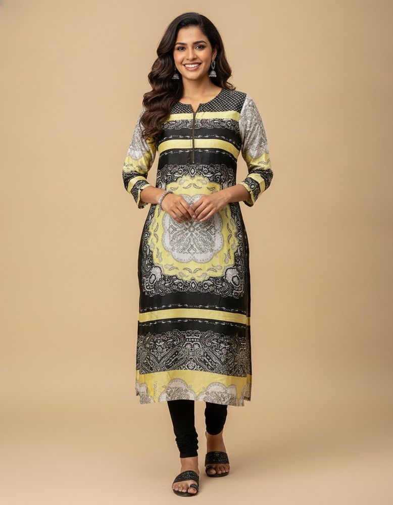 Stylish Yellow &amp; Black Printed Kurta
