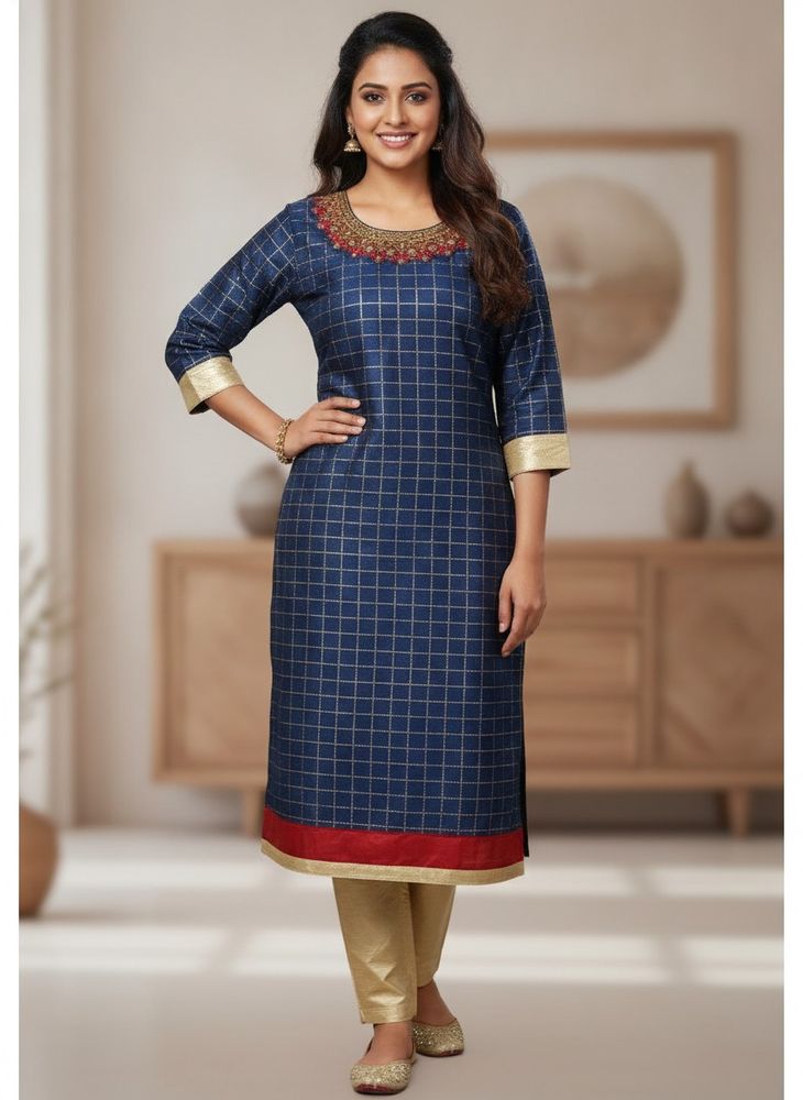 Elegant Blue Kurta with Golden Grid