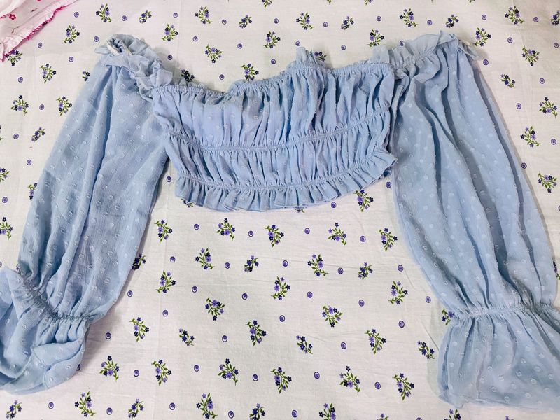 Cute Blue Off-Shoulder Crop Top ♥️