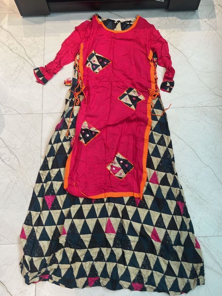 Vibrant Pink Kurta Set with Geometric Print Skirt