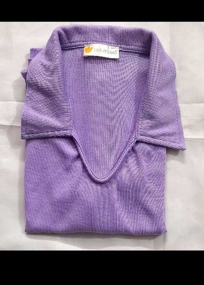 Purple Ribbed Collared Top
