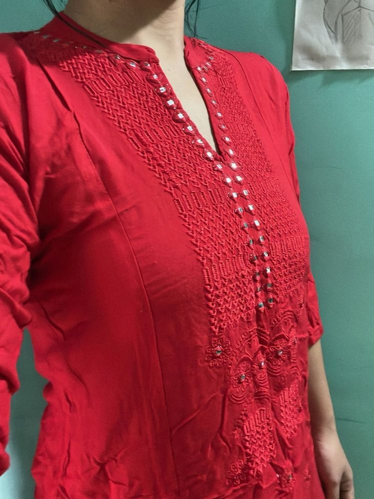 Red Embroidered Kurta