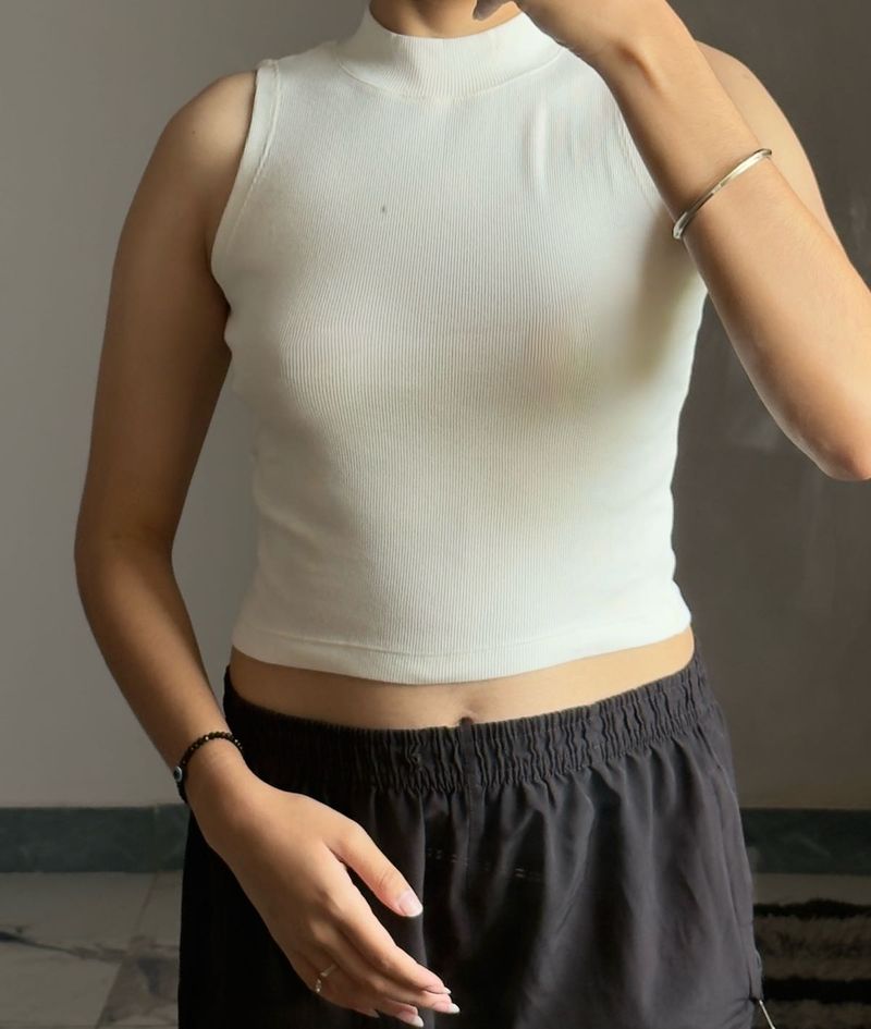 Sleeveless Mock Neck Ribbed Crop Top
