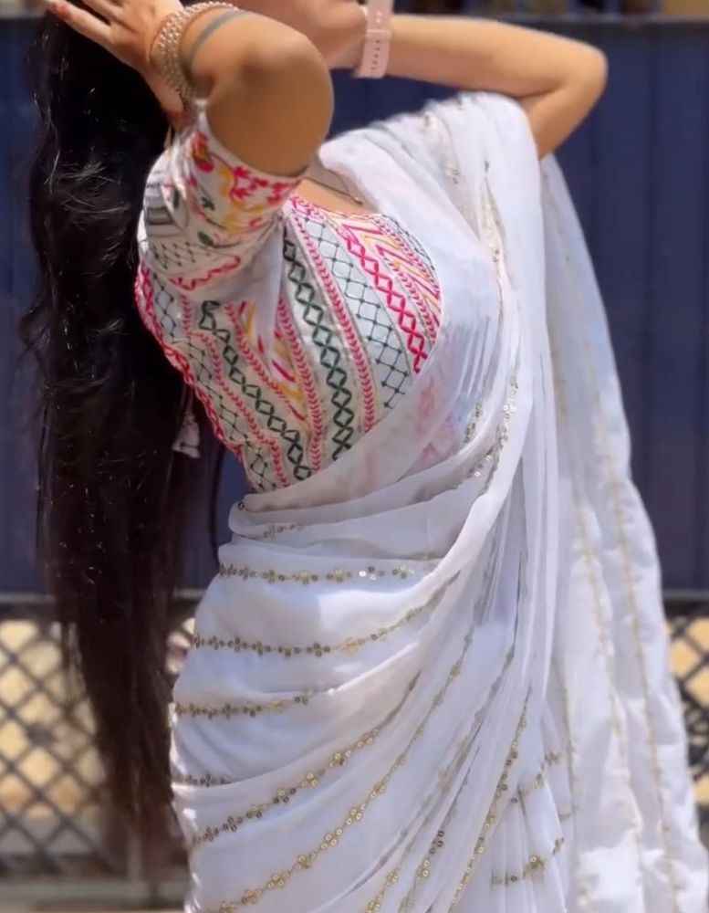 White Sequence Saree With Stitched Blouse