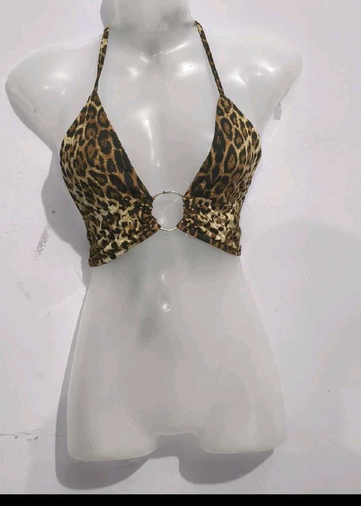 Leopard Print Halter Neck Crop Top