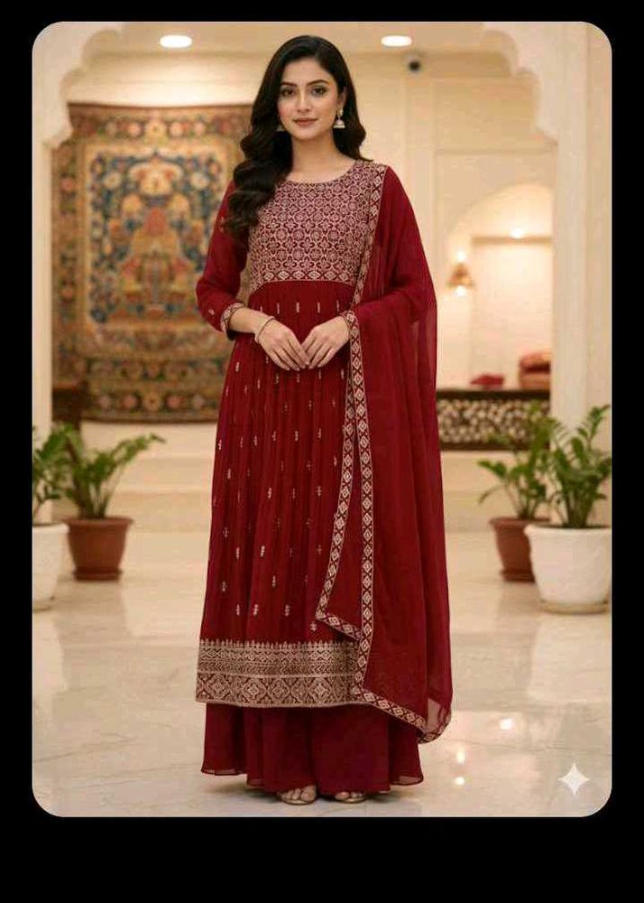 bust 44 Elegant Maroon Embroidered Kurta Set