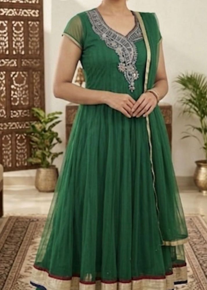 green anarkali suit with net dupatta and pajami