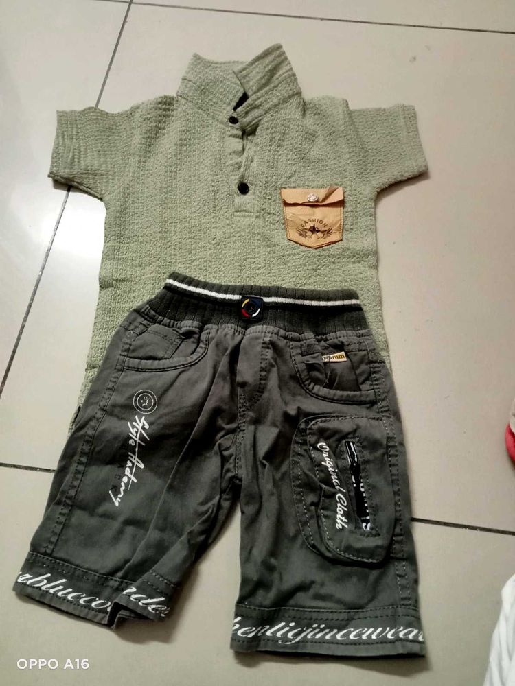 Boys Stylish Green Shirt &amp; Grey Shorts Set