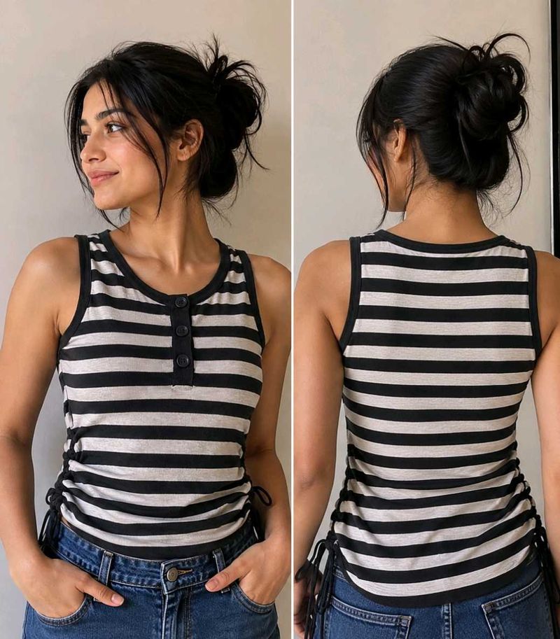 Striped Henley Tank Top with Tie Sides
