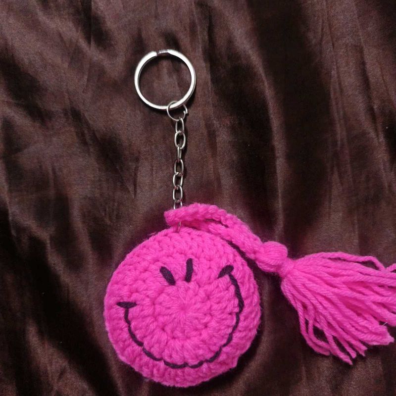 Cute Pink Smiley Crochet Keychain with Tassel