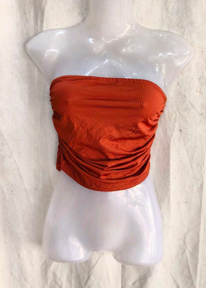 Orange Ruched Strapless Tube Top