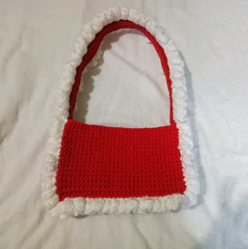 Ruffle Crochet Red &amp; White Bag