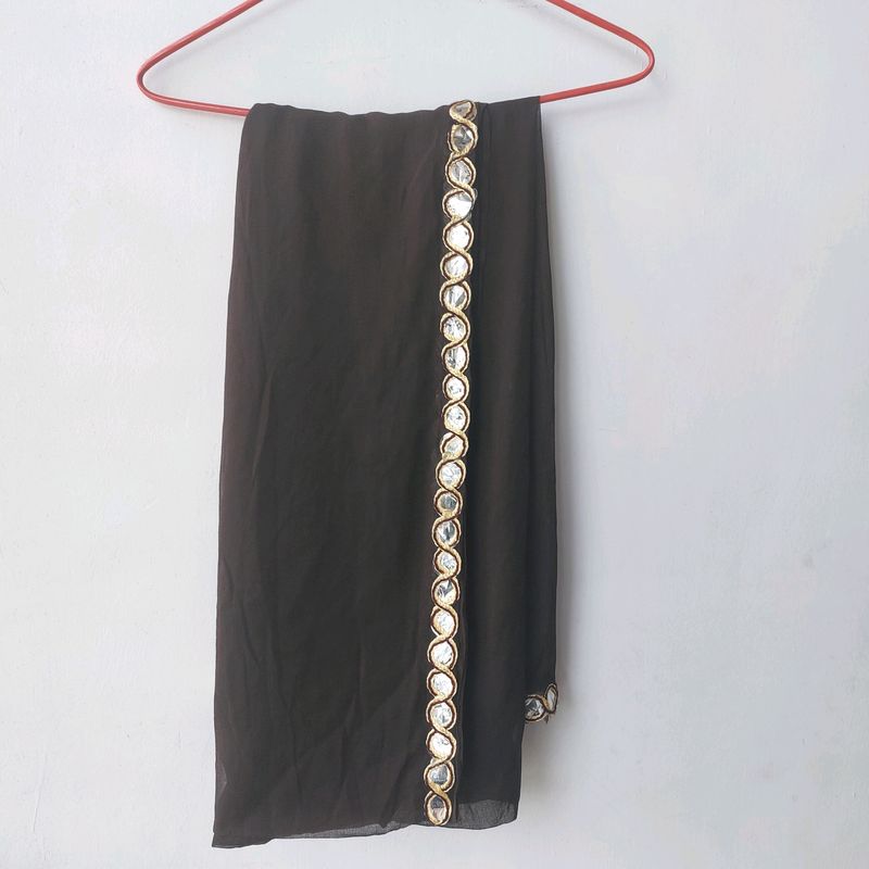 Brand New Dark Brown Dupatta With Mirror Lace