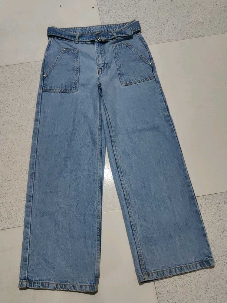 Stylish Wide Leg Denim Jeans with Belt