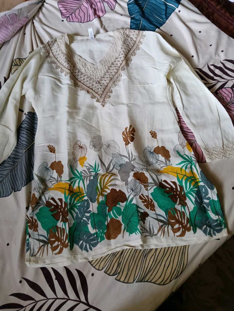 Cream Tropical Print Kurta