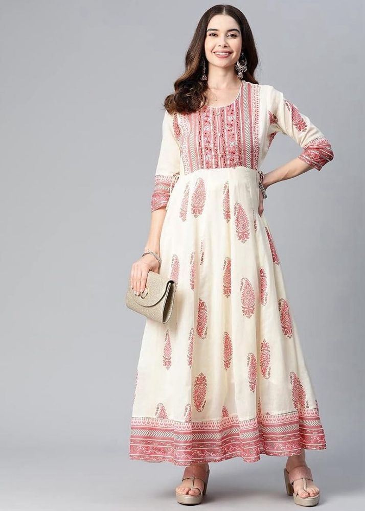 Elegant Cream Kurta with Pink Paisley Print