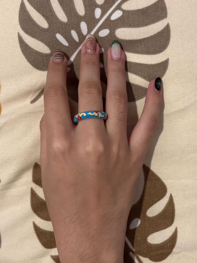 Chic Blue Enamel Ring with Floral Design