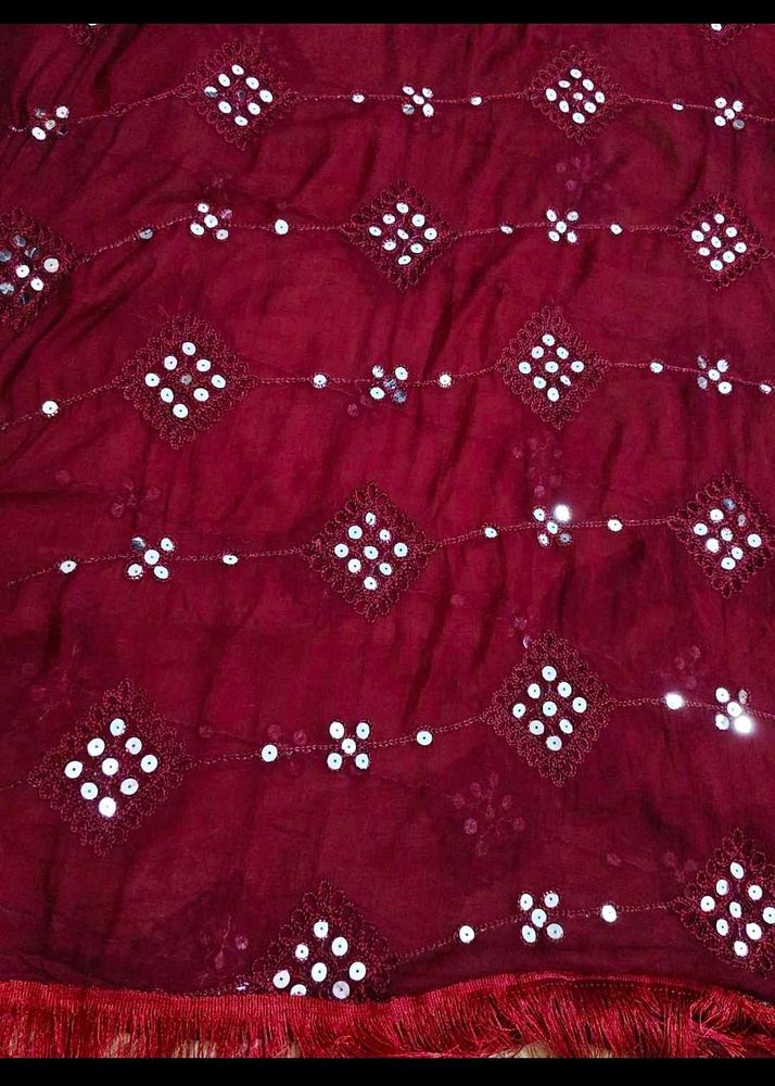 Maroon Sequined Dupatta with Tassels