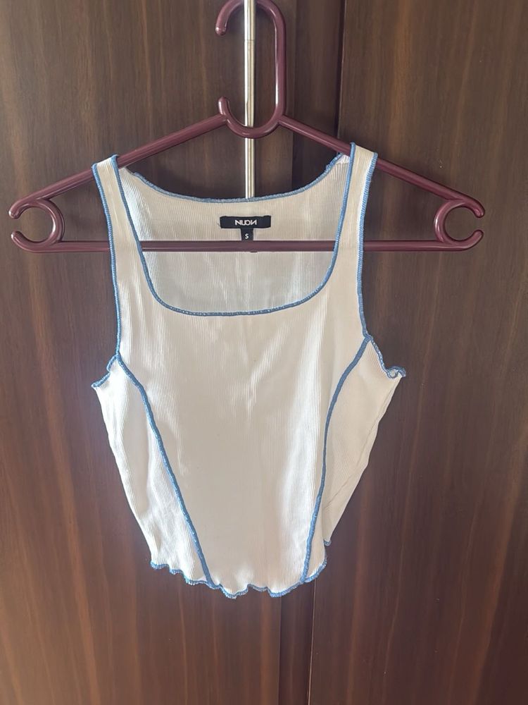White Tank Top with Blue Stitching