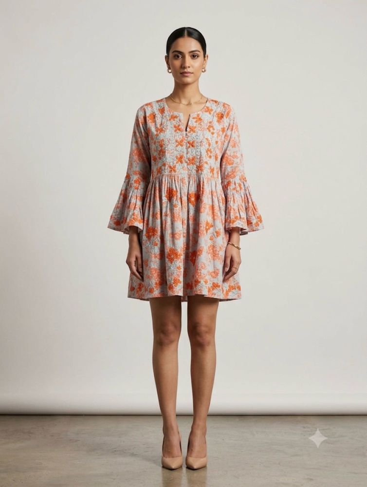 Boho-Chic Grey-Blue &amp; Orange Floral Short Dress wi
