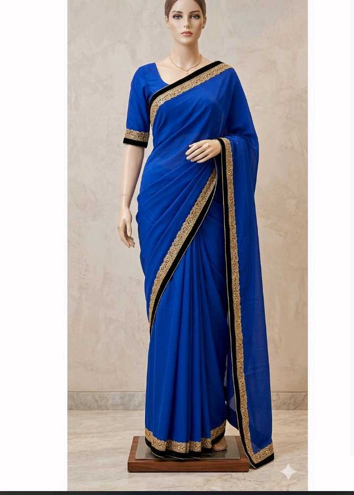 Royal Blue Saree with Black &amp; Gold Border