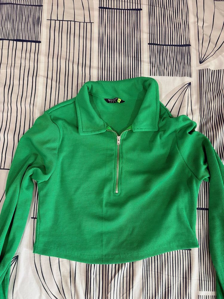 Vibrant Green Cropped Zip-Up Top