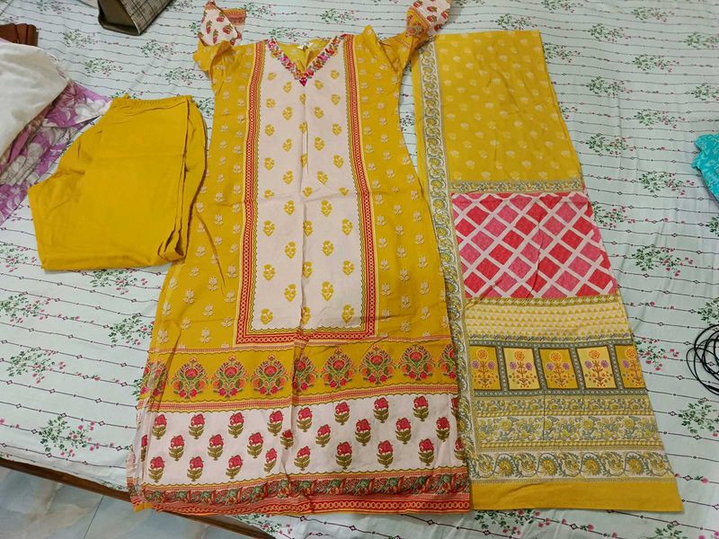 yellow Printed Kurta Set with Dupatta