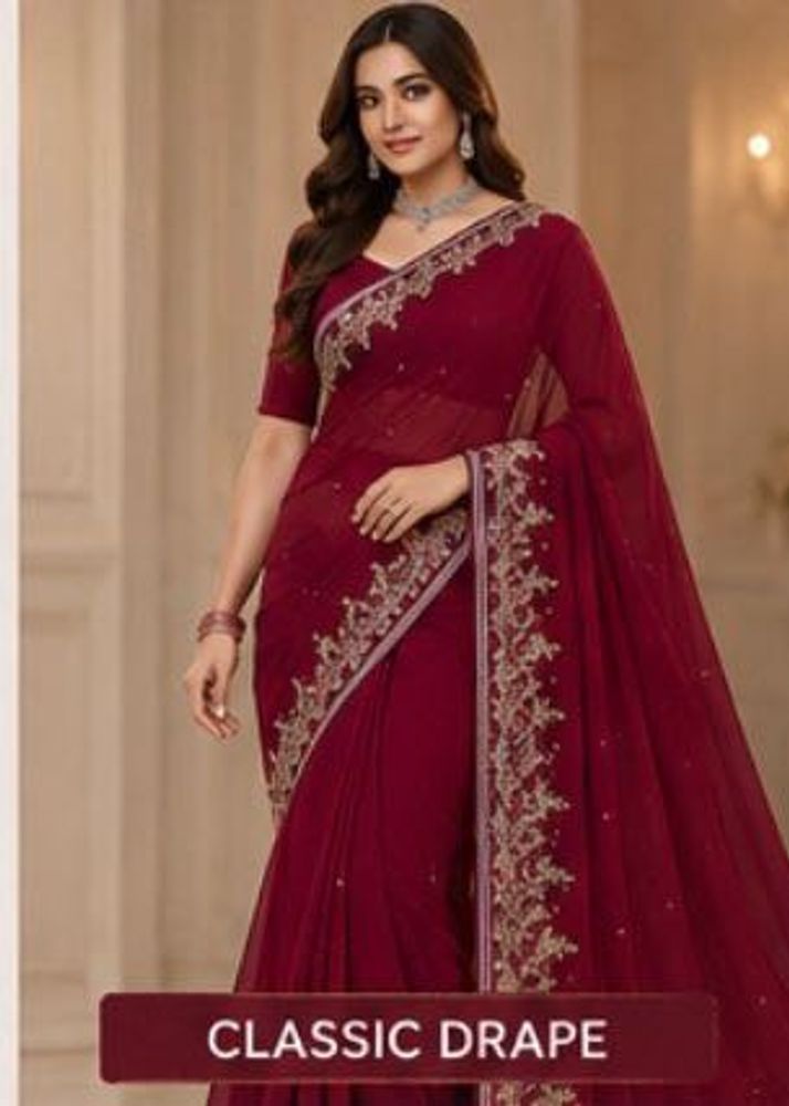 Premium Pre-Loved Maroon Embroidered Saree with st