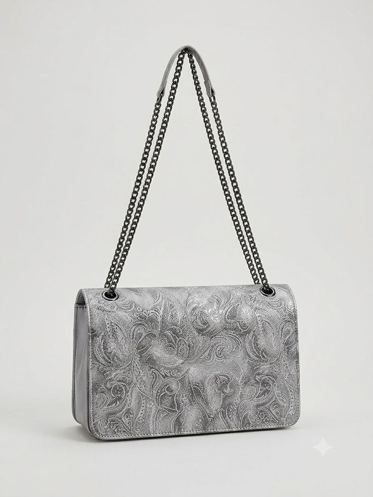 Grey Embossed Chain Shoulder Bag