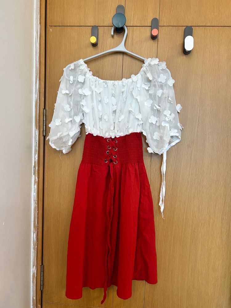 Chic White &amp; Red Off-Shoulder Dress