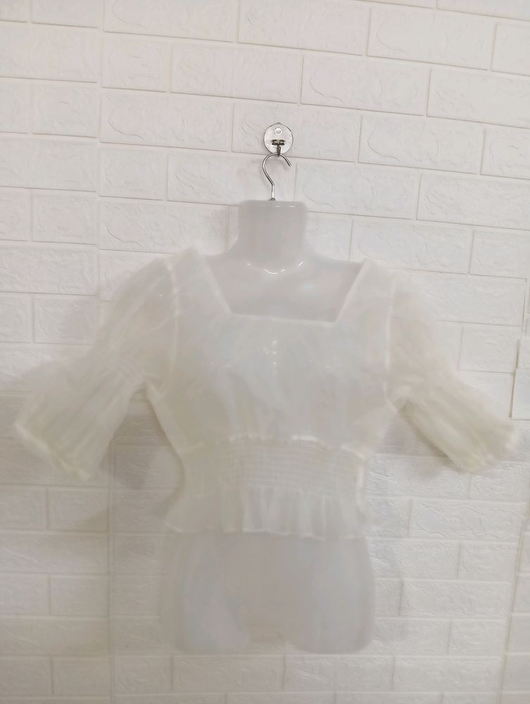 Sheer Puff Sleeve Square Neck Top